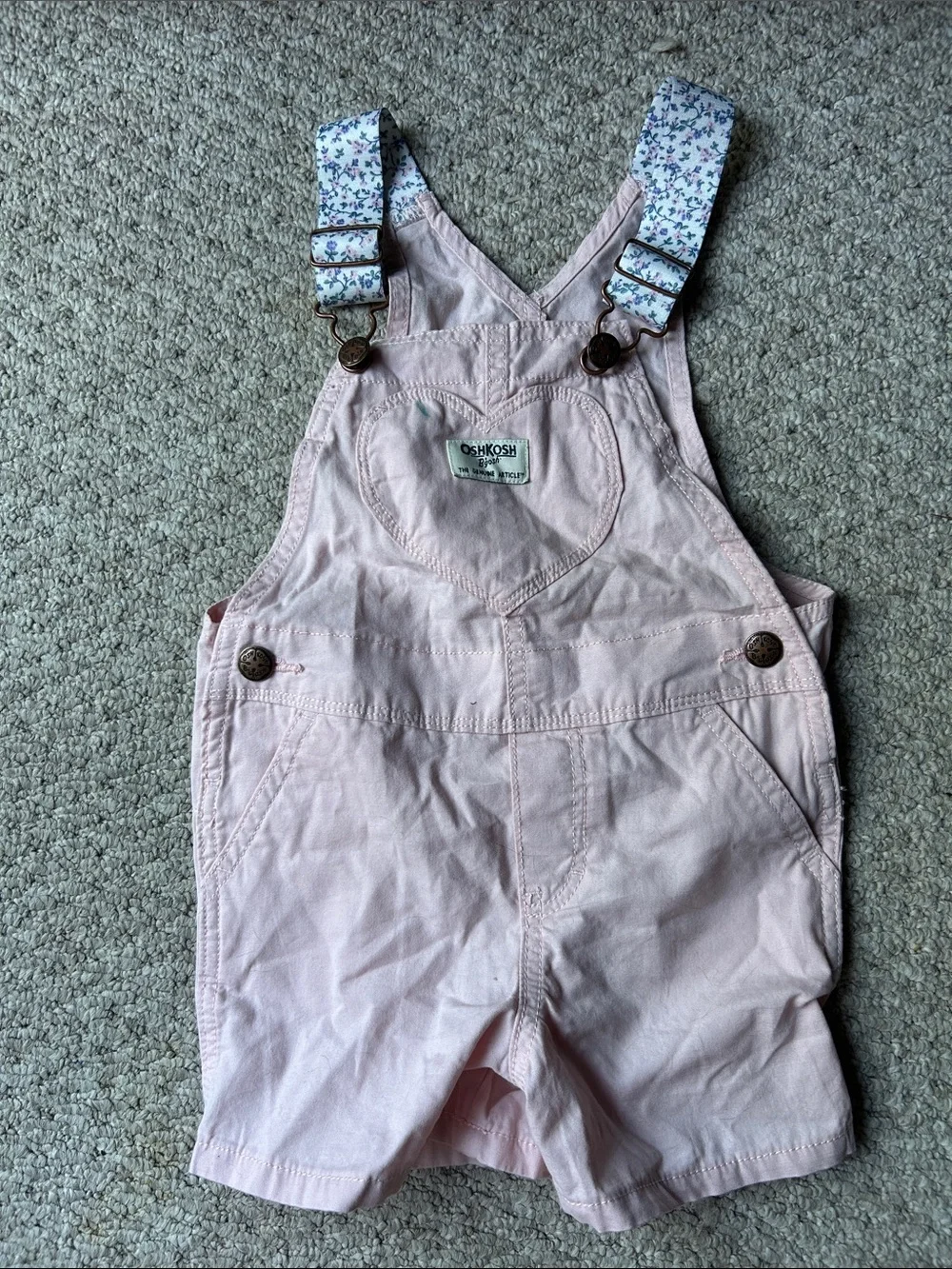 OshKosh Pink Heart Short Overalls with Floral Straps